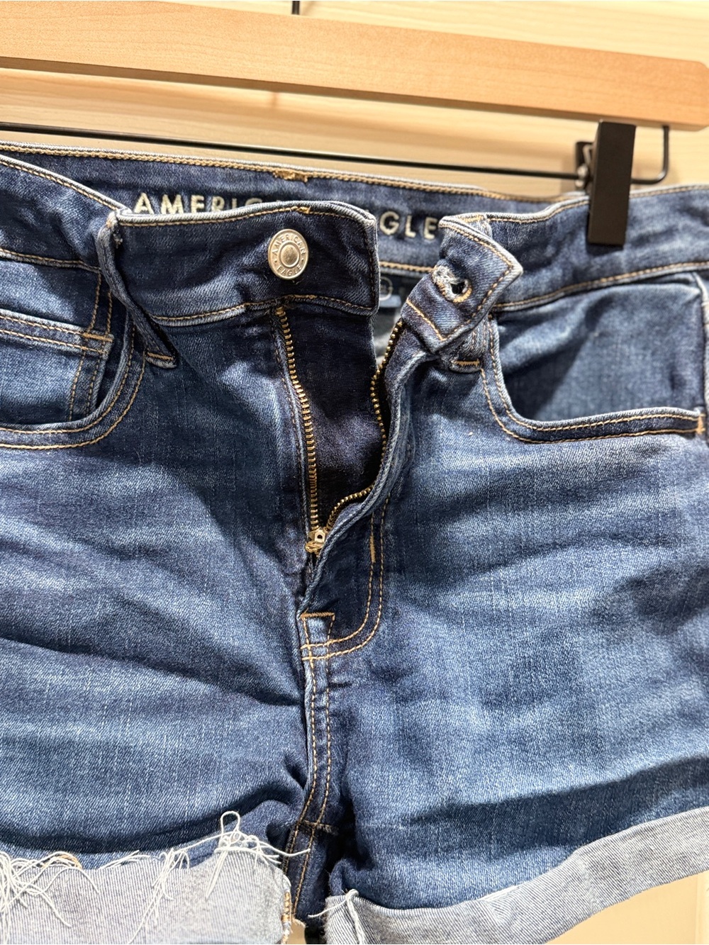 American Eagle High Rise Shortie Shorts Size 6 Dark Wash Cuffed Jean Shorts - Picture 7 of 10